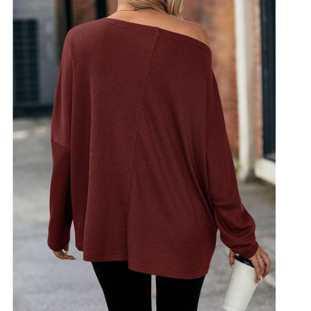 Solid Off Shoulder Loose Fit Waffle Long Sleeve Top - Picture 14 of 16